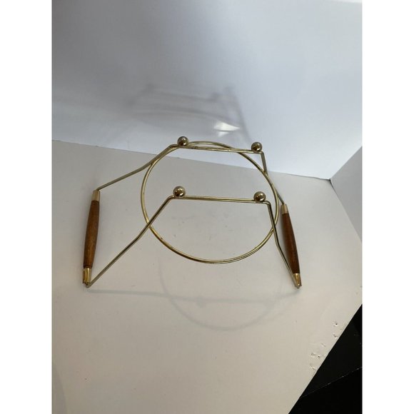 MCM Glass Salad Bowl With Wood & Metal Stand Aqua Blue & Gold Trim - Picture 11 of 12